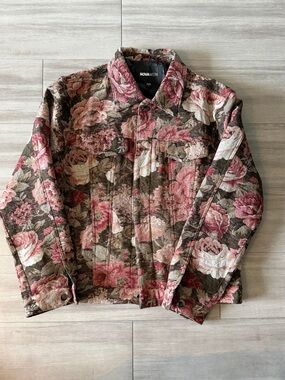 Floral Jacquard Trucker Jacket - Pink & Brown (LARGE)